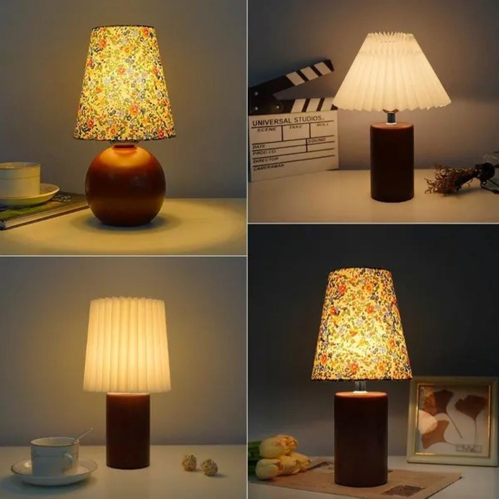 Vintage Floral Fabric Table Lamp with Wooden Base, Adjustable Light Color and Brightness, USB Powered, Simple Retro Style LED Light for Bedroom Living Room Office (Cylindrical)