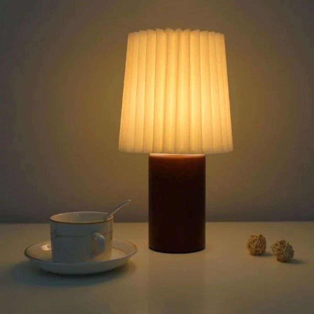 Vintage Fabric Table Lamp with Remote & Dimmable LED - Wooden Bedside Night Light for Bedroom, Living Room, Study (USB Powered, 3 Colors Adjustable, 3W Warm/White/Natural Light)