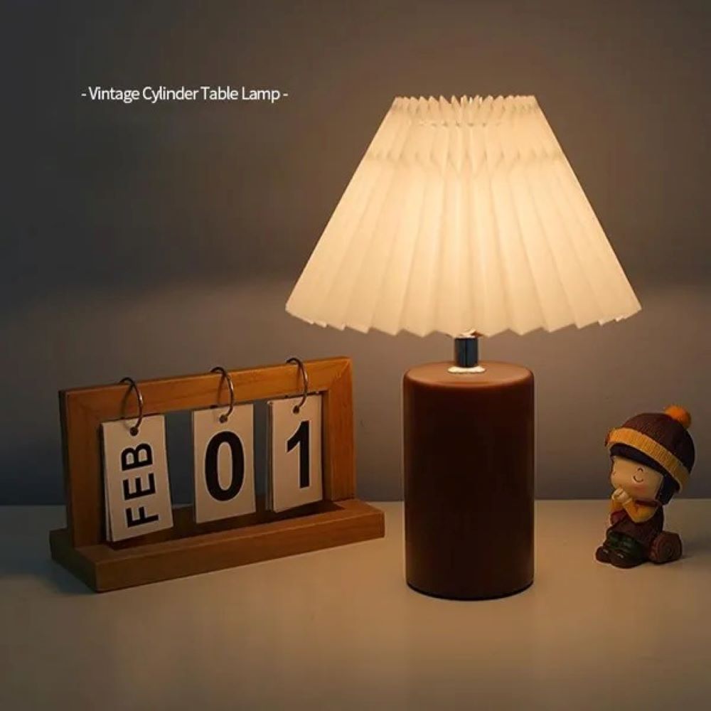 Vintage Floral Fabric Table Lamp with Wooden Base, Adjustable Light Color and Brightness, USB Powered, Simple Retro Style LED Light for Bedroom Living Room Office (Cylindrical)