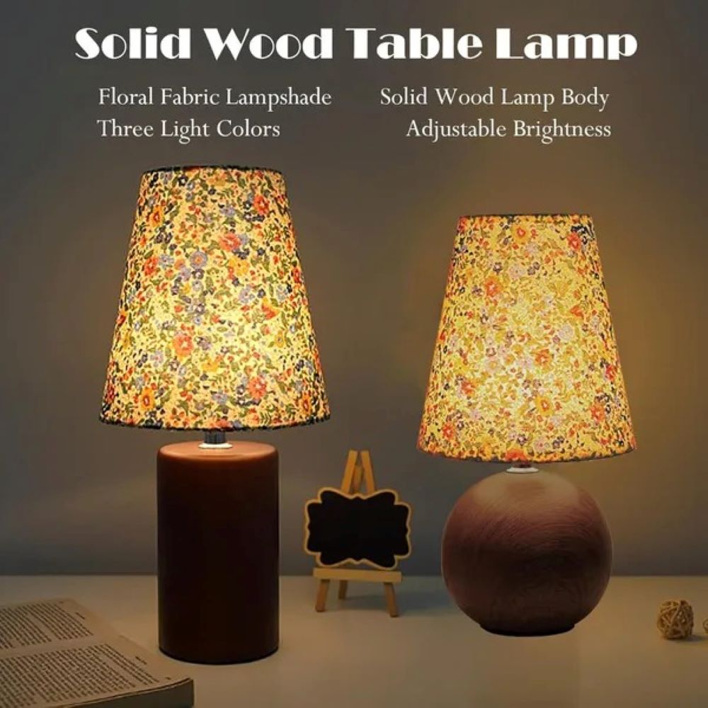 Vintage Floral Fabric Table Lamp with Wooden Base, Adjustable Light Color and Brightness, USB Powered, Simple Retro Style LED Light for Bedroom Living Room Office (Cylindrical)