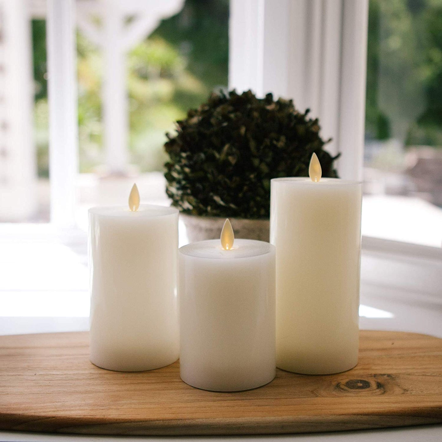 Flameless LED Candles with Flat Top, Real Wax Pillar Candle & Moving Flame Wick, Remote Control Timer, Champagne, Φ3"