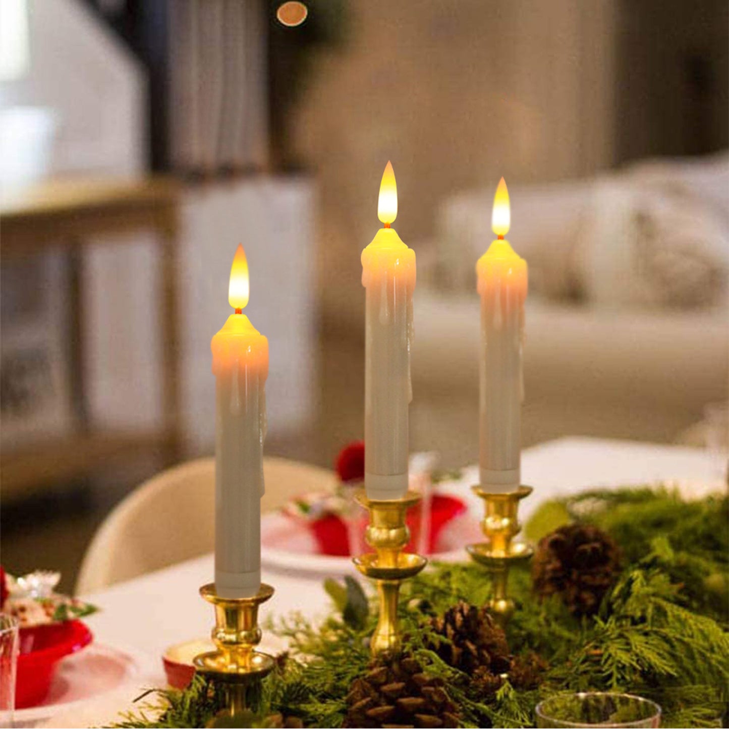 6-Pack, Warm White/Yellow Flashing LED Taper Candles with 3D Flickering Flame - Battery Operated Flameless Candles for Weddings, Christmas, Halloween Decorations