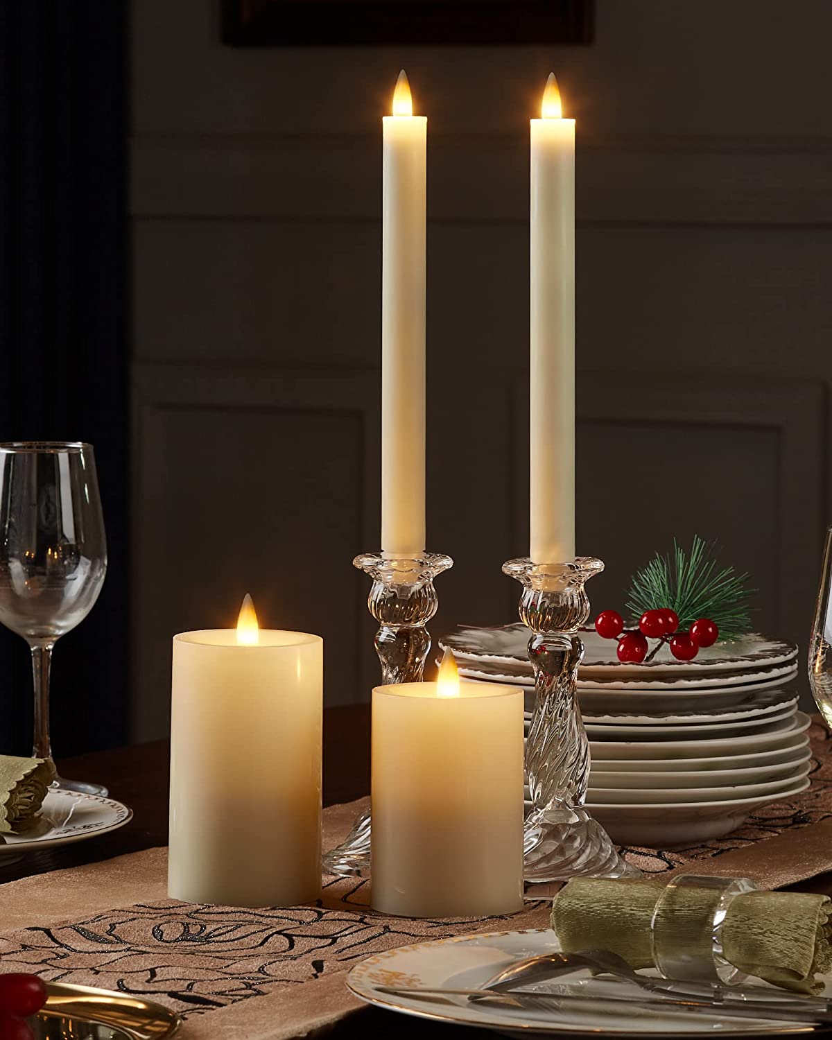 9" Moving Flame Taper Candles with Remote and Timer, Flameless LED Candlesticks Flickering with Moving Wick, Christmas Decorations Ivory