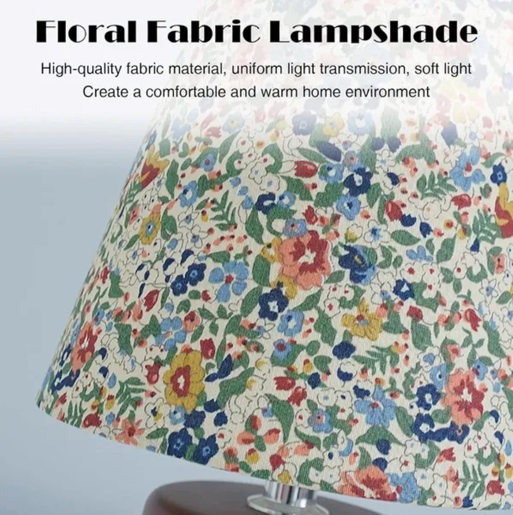 Vintage Floral Fabric Table Lamp with Wooden Base, Adjustable Light Color and Brightness, USB Powered, Simple Retro Style LED Light for Bedroom Living Room Office (Cylindrical)