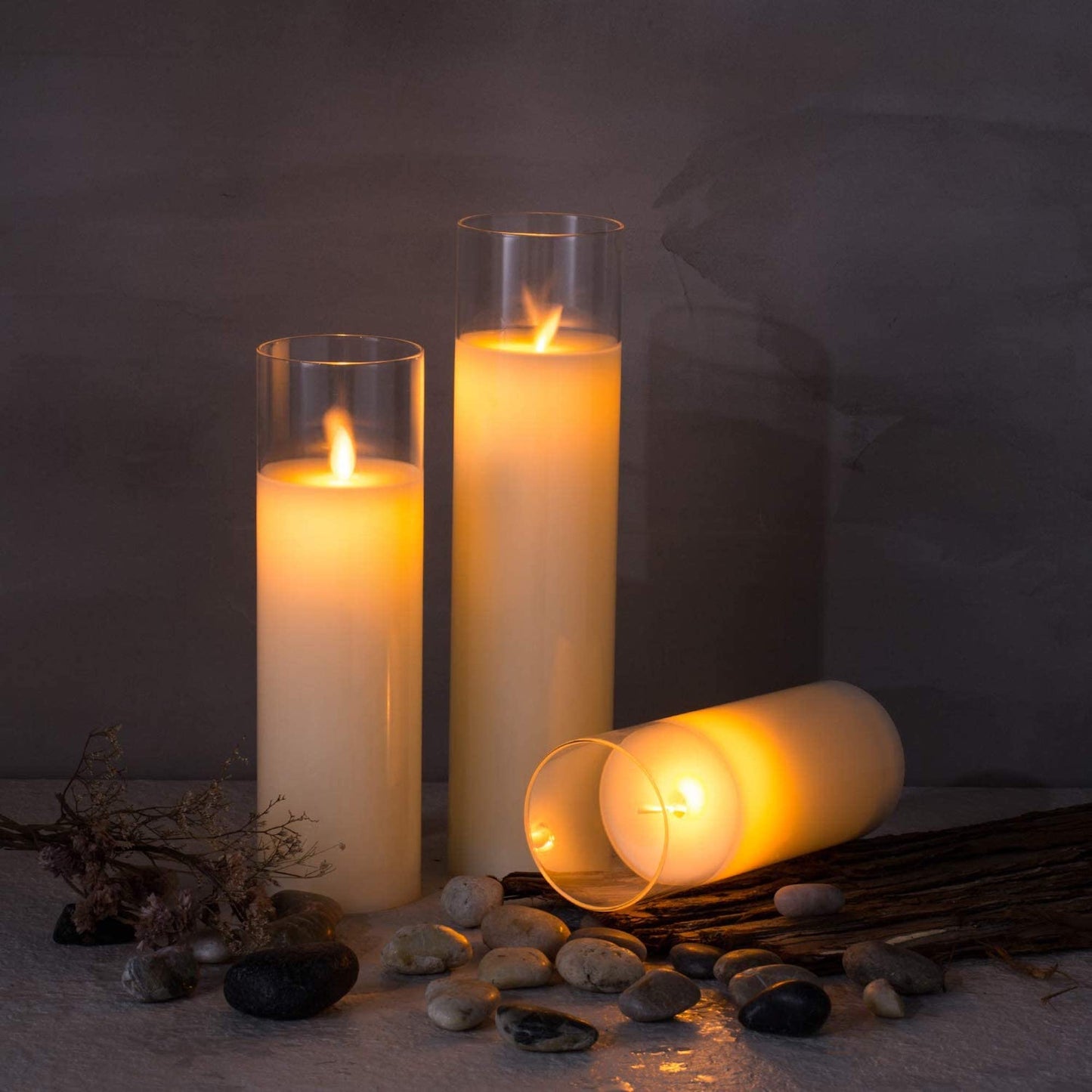 Glass Flameless Candles 8" 10" 12" Battery Operated Real Wax Pillars Glass LED Candles With Remote Control Cycling Timer
