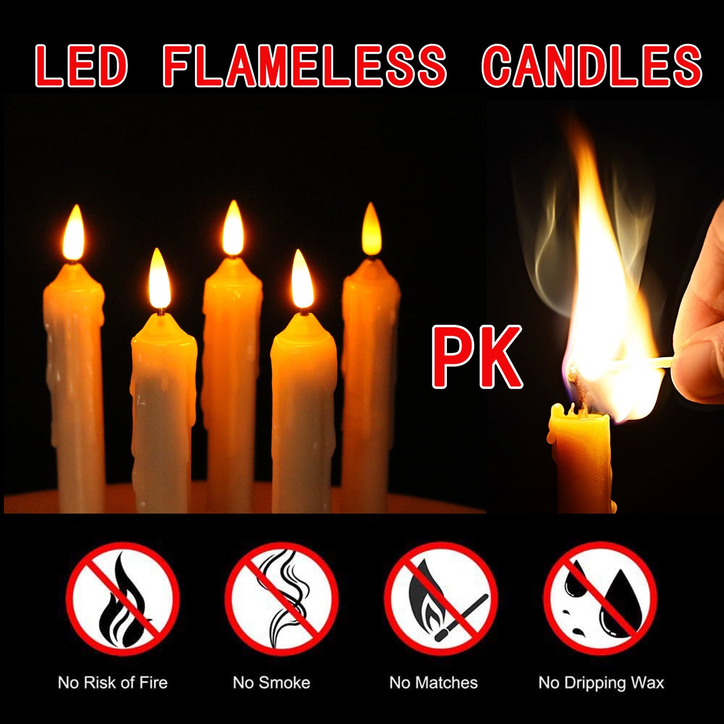 6-Pack, Warm White/Yellow Flashing LED Taper Candles with 3D Flickering Flame - Battery Operated Flameless Candles for Weddings, Christmas, Halloween Decorations
