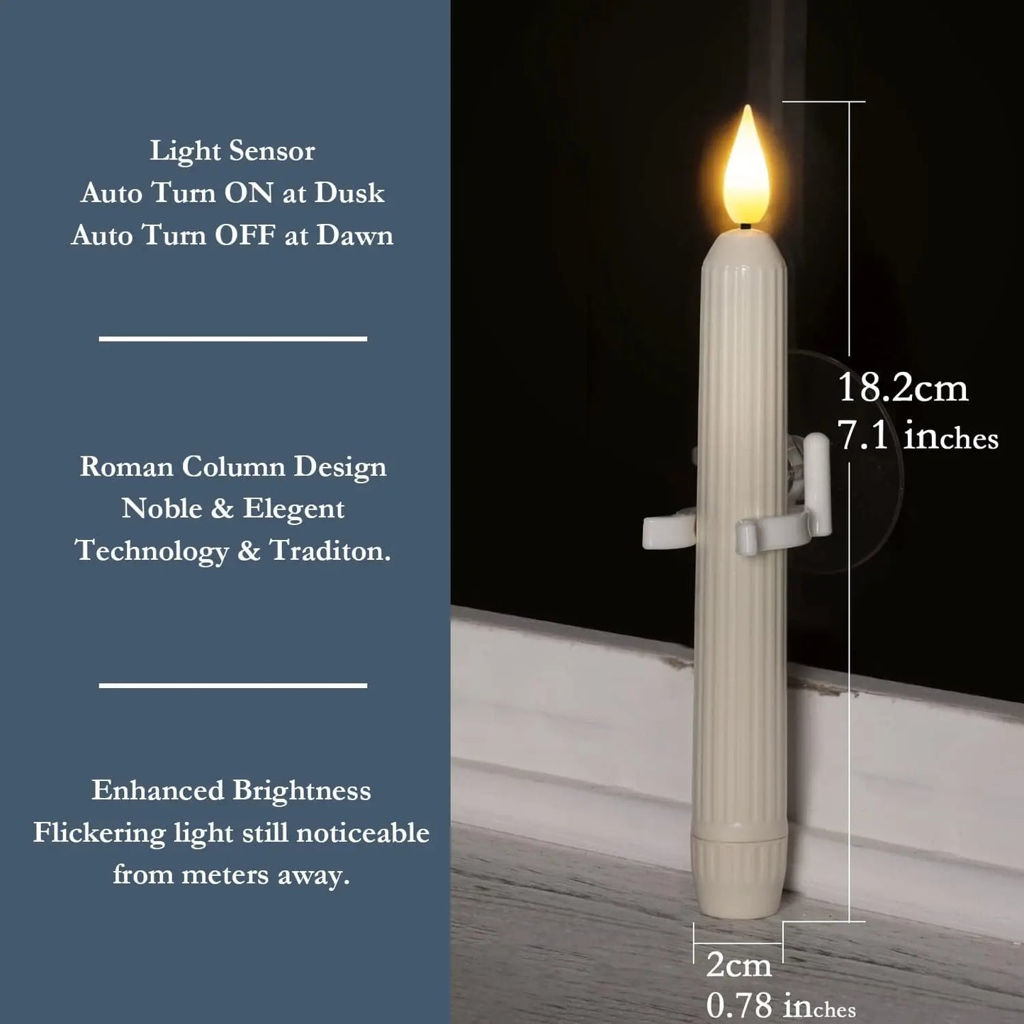 6Pcs LED Window Candles with Dusk to Dawn Sensor Battery Operated Ivory Candlesticks Suction Cups for Christmas Roman Column