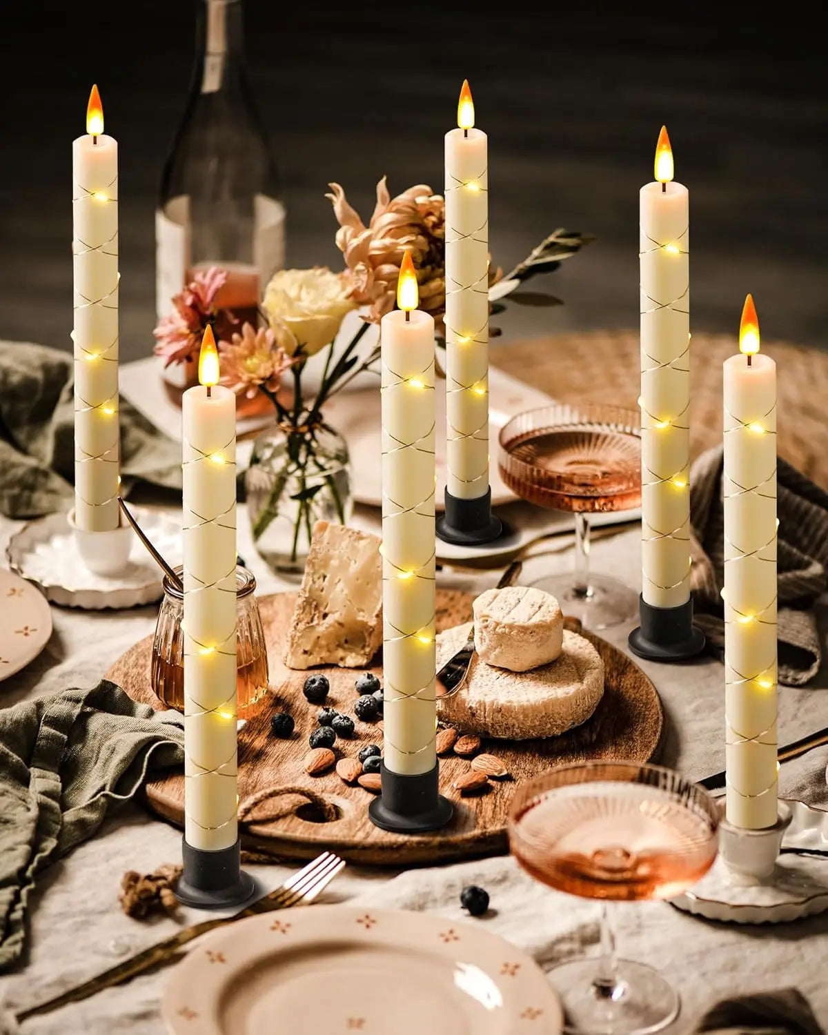 Flameless Candles with Remote Control & Timer, Surround String Lights, Battery Powered Free Black Bases for Home Décor Christmas