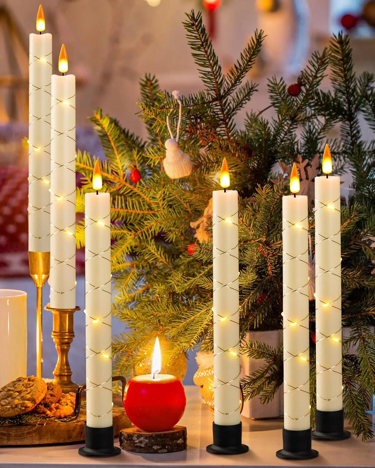 Flameless Candles with Remote Control & Timer, Surround String Lights, Battery Powered Free Black Bases for Home Décor Christmas