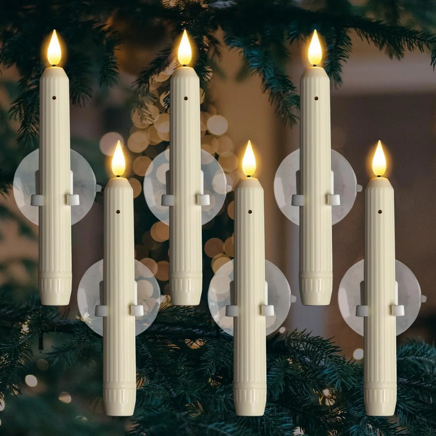 6Pcs LED Window Candles with Dusk to Dawn Sensor Battery Operated Ivory Candlesticks Suction Cups for Christmas Roman Column