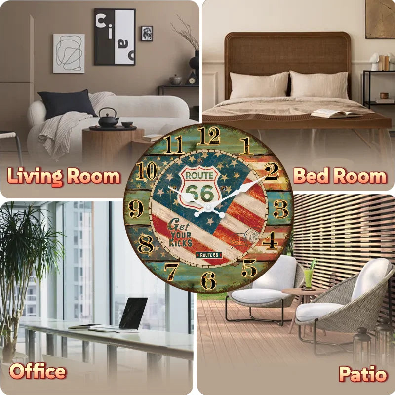 12 Inch Retro Wooden Wall Clock Farmhouse Silent Non-Ticking MDF Battery Operated Quartz Clock Rustic Art Decor for Romm Kitchen