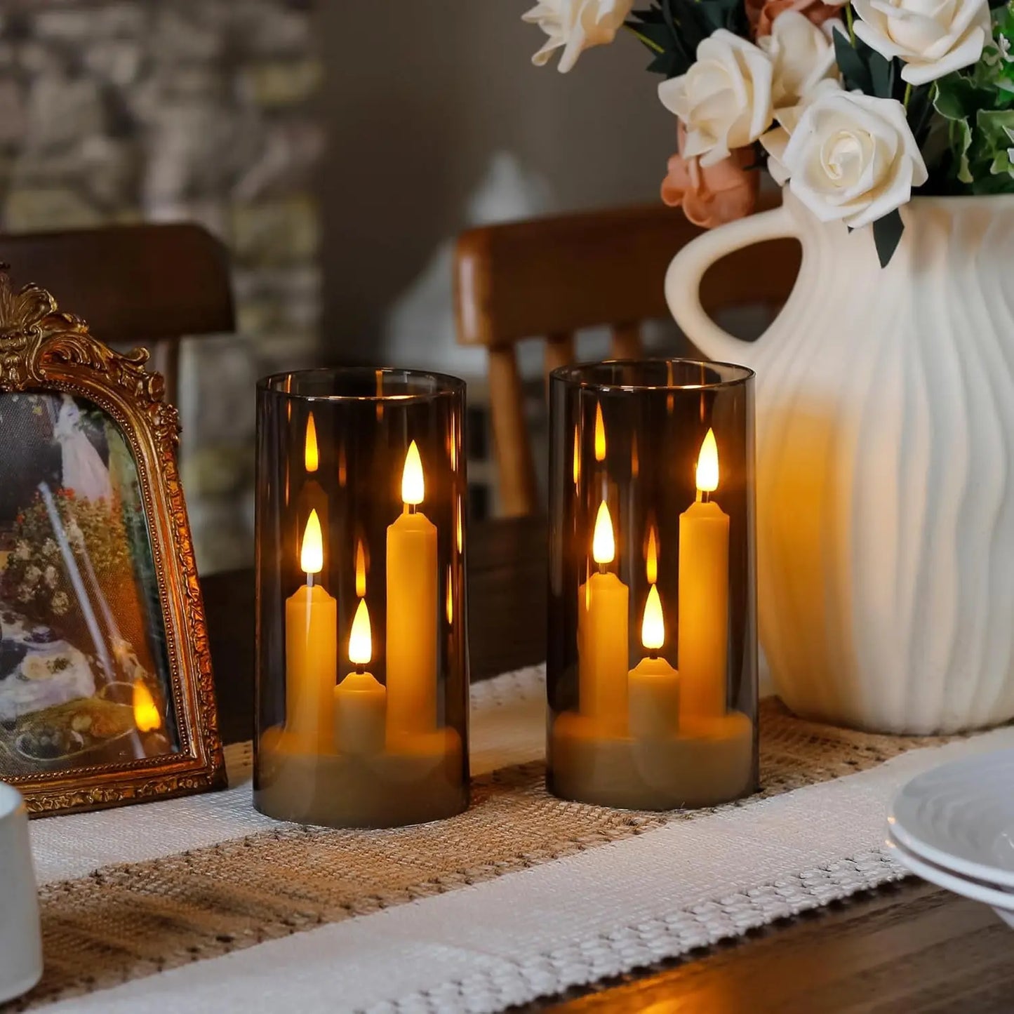 3 in 1 Flameless Taper Short Candles with 10 Key Remote Control and Timer, Battery Operated Pack of 2 Perfect Home Décor