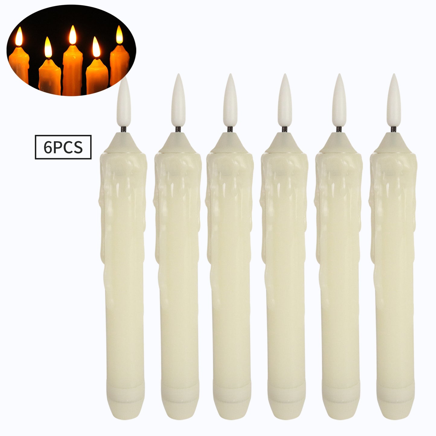 6-Pack, Warm White/Yellow Flashing LED Taper Candles with 3D Flickering Flame - Battery Operated Flameless Candles for Weddings, Christmas, Halloween Decorations