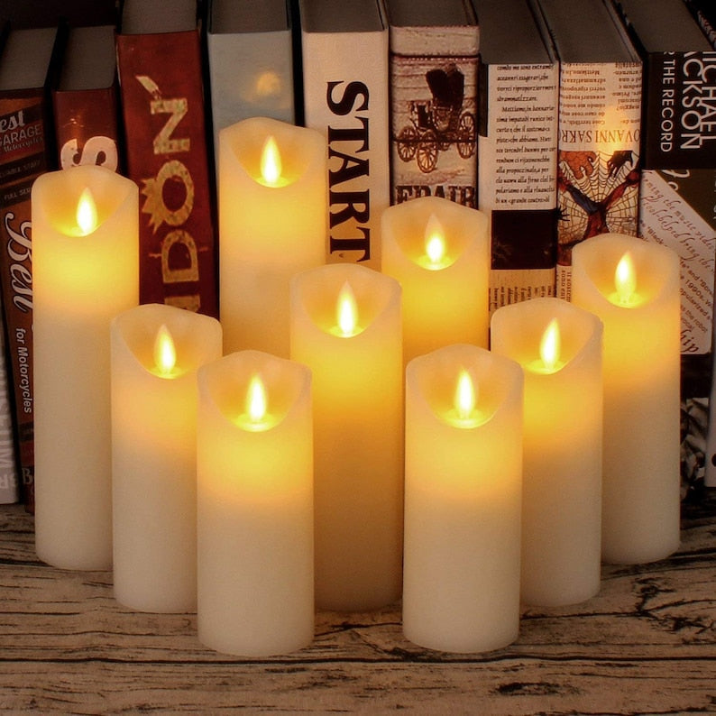 Flameless Candles Set of 9 (H 5" 5.5" 6" 7" 8" 9") Battery Operated Real Wax Pillars & Moving Flame Wick LED Candles w/ Remote Control Timer