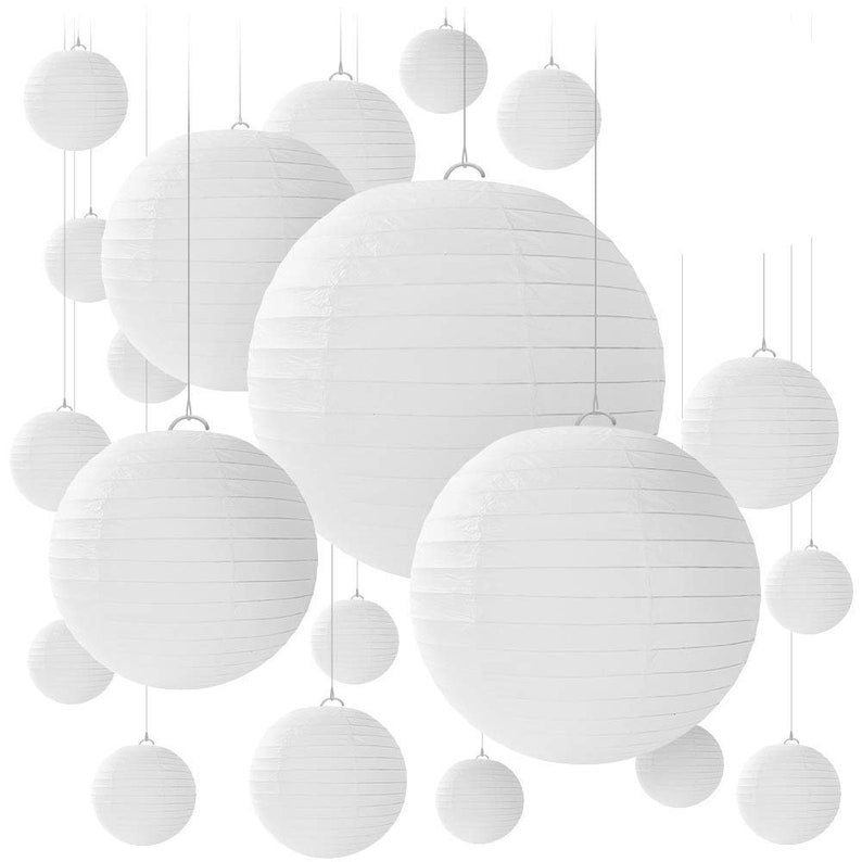 20 Pcs White Round Paper Lanterns for Weddings, Birthdays, Parties and Events - Assorted Sizes of 6", 8", 10", 12" (5 of Each Size)