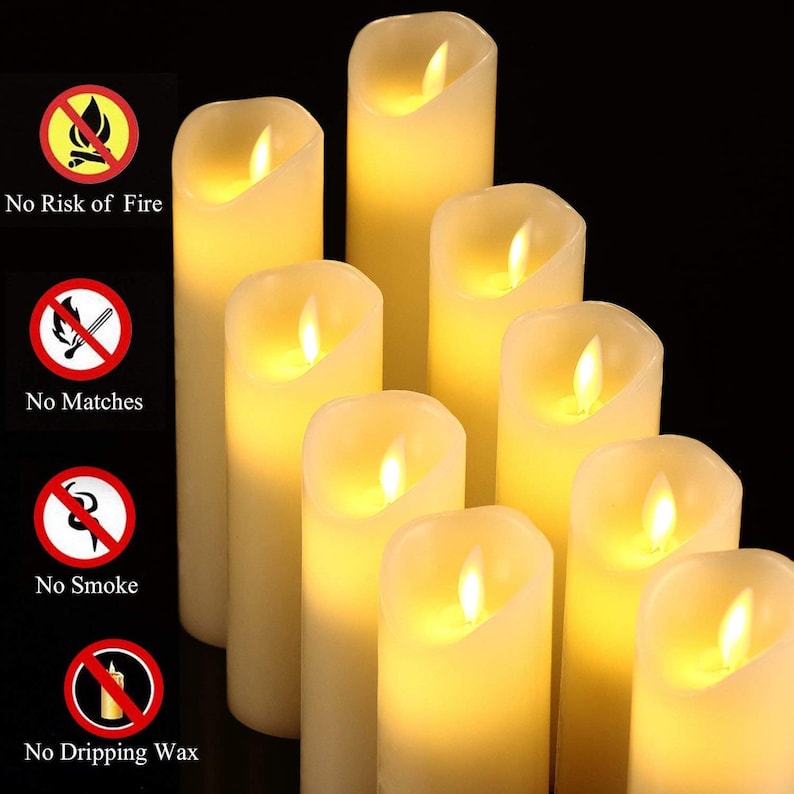 Flameless Candles Set of 9 (H 5" 5.5" 6" 7" 8" 9") Battery Operated Real Wax Pillars & Moving Flame Wick LED Candles w/ Remote Control Timer