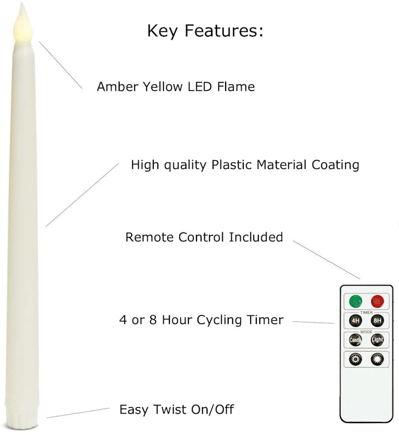 LED Tapered Candlesticks Flameless Candles Battery Operated Remote Plastic and Flickering Amber Yellow Flame, 11" Tall x 0.75" Base