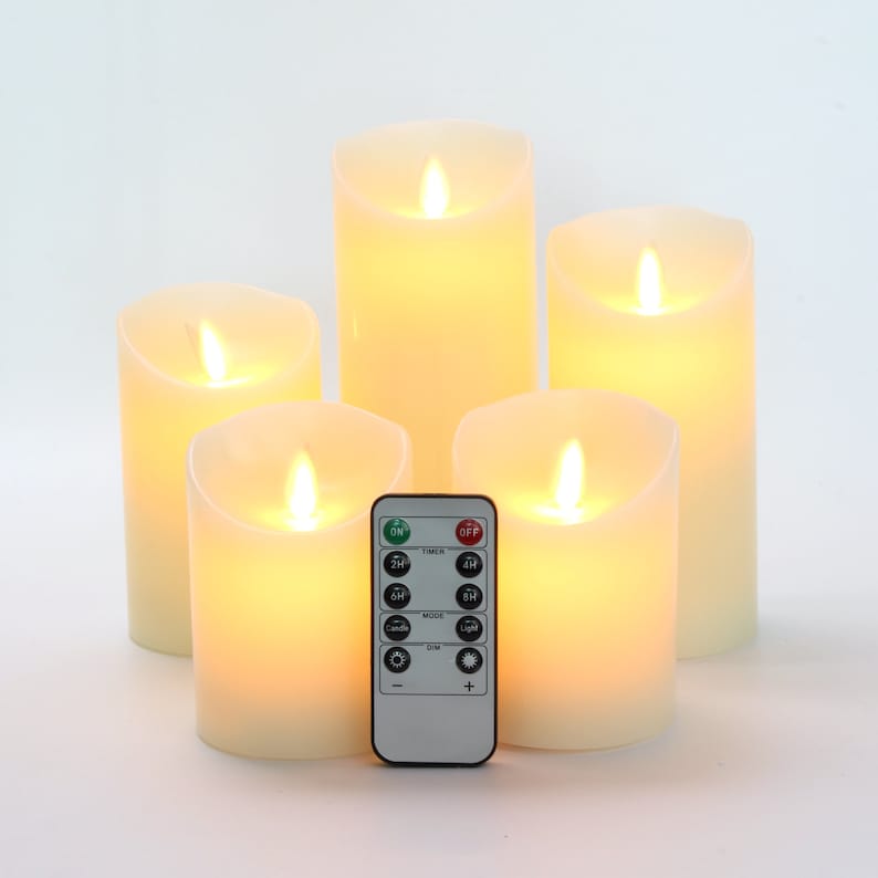 Flameless Candles Set of 5 (Φ3") LED Pillars Real Wax & Moving Flame Wick Flickering Candle with Remote Control Timer