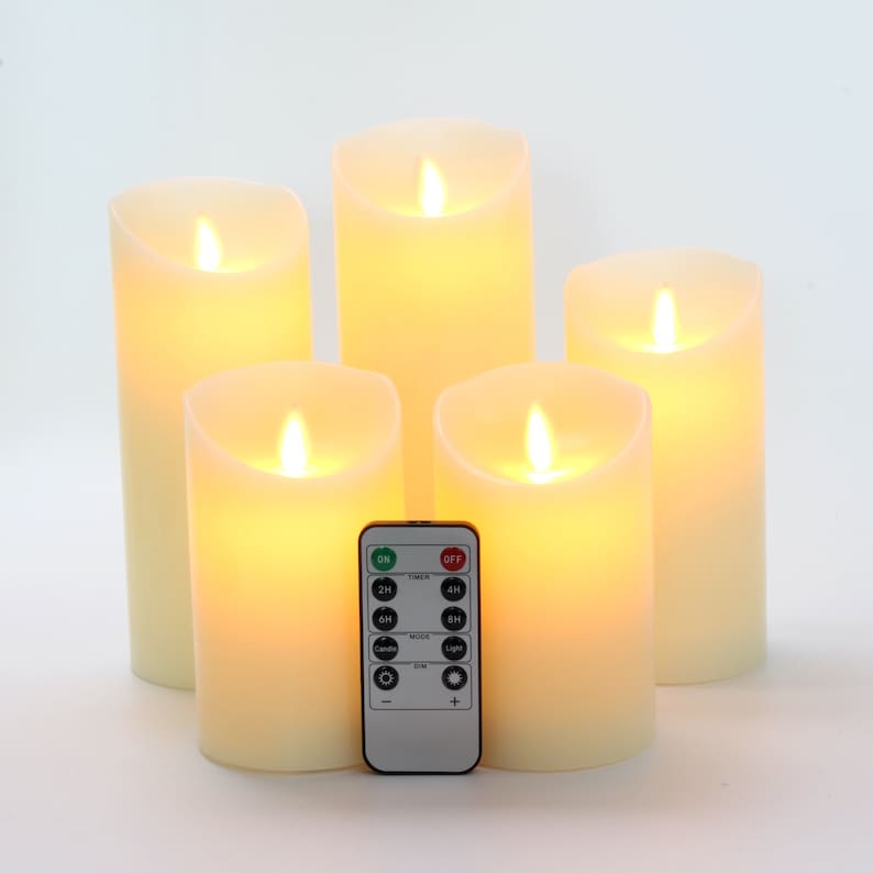 Flameless Candles Set of 5 (Φ3") LED Pillars Real Wax & Moving Flame Wick Flickering Candle with Remote Control Timer