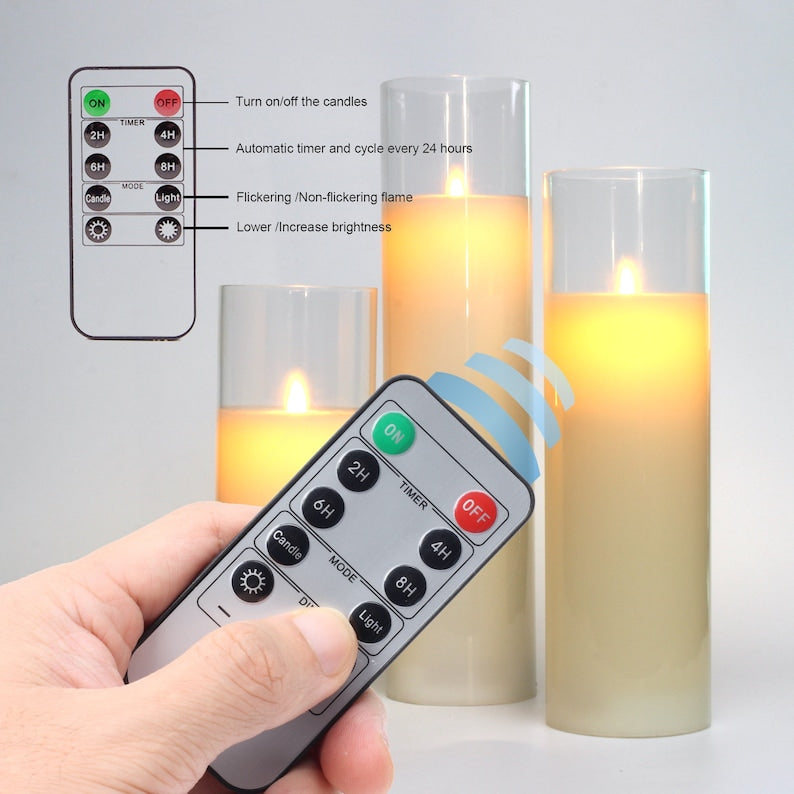 Glass Flameless Candles 8" 10" 12" Battery Operated Real Wax Pillars Glass LED Candles With Remote Control Cycling Timer