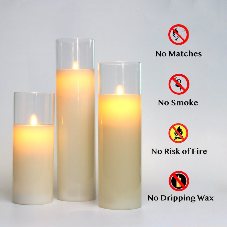 Glass Flameless Candles 8" 10" 12" Battery Operated Real Wax Pillars Glass LED Candles With Remote Control Cycling Timer
