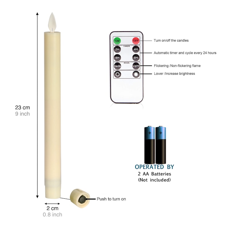 9" Moving Flame Taper Candles with Remote and Timer, Flameless LED Candlesticks Flickering with Moving Wick, Christmas Decorations Ivory