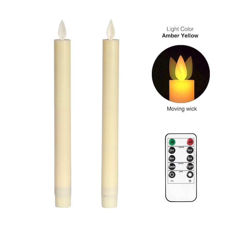 9" Moving Flame Taper Candles with Remote and Timer, Flameless LED Candlesticks Flickering with Moving Wick, Christmas Decorations Ivory