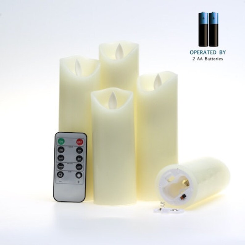 Flameless Candles Set of 5 Ivory Real Wax Pillars & Moving Flame Wick LED Candles and 10-Key Remote Control with Timer Function