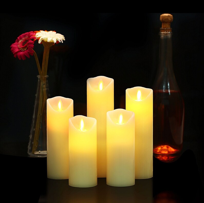 Flameless Candles Set of 5 Ivory Real Wax Pillars & Moving Flame Wick LED Candles and 10-Key Remote Control with Timer Function