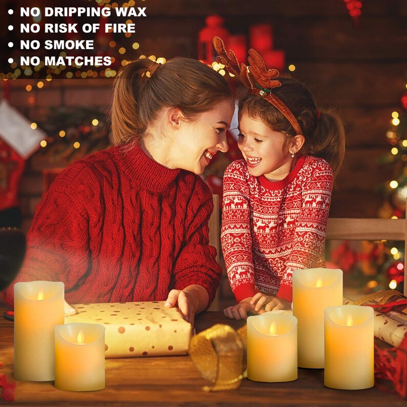 Flameless Candles Set of 5 Ivory Real Wax Pillars & Moving Flame Wick LED Candles and 10-Key Remote Control with Timer Function