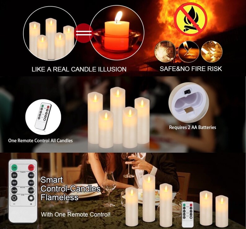 Flameless Candles Set of 5 Ivory Real Wax Pillars & Moving Flame Wick LED Candles and 10-Key Remote Control with Timer Function