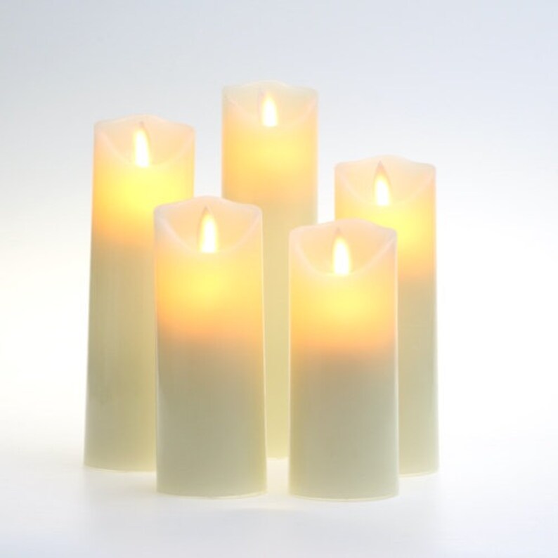 Flameless Candles Set of 5 Ivory Real Wax Pillars & Moving Flame Wick LED Candles and 10-Key Remote Control with Timer Function