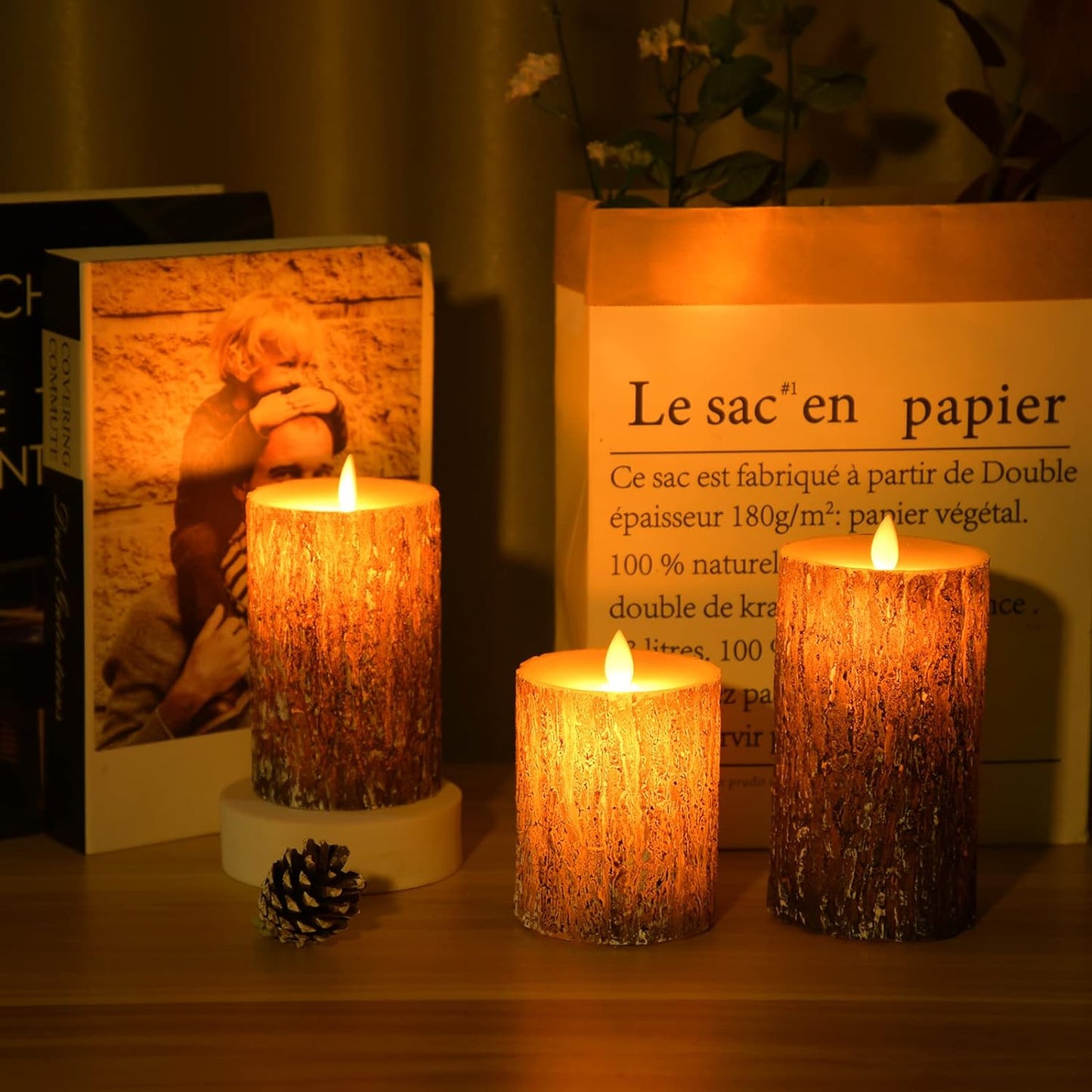 LED Flameless Candles Pine Bark Effect, Battery Operated Candles with Remote Control, LED Fake Candles, 4" 5" 6" Pack of 3, for Wedding Decor, Table Decor, Home Decoration Gifts