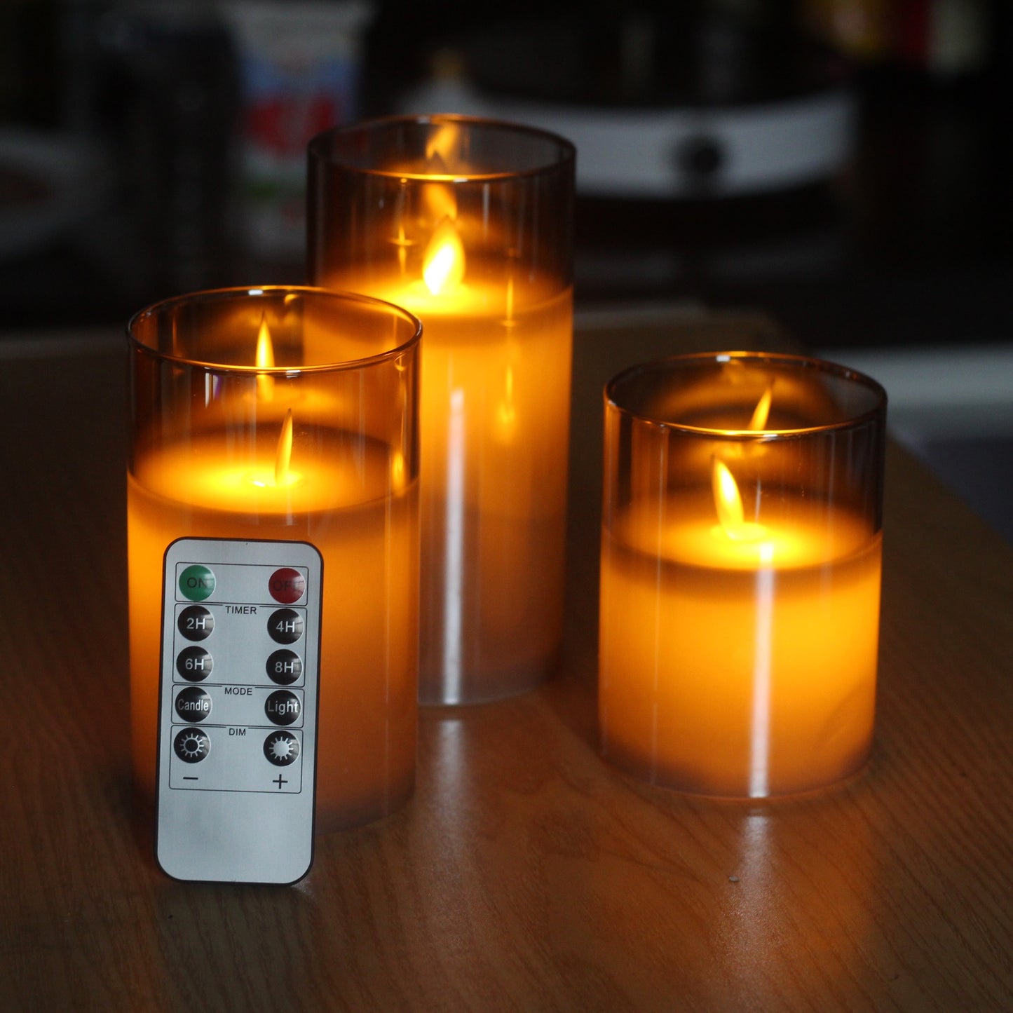 Grey Color Set of 3 Glass Flickering Flameless Candles, Moving Flame Wax, 4" 5" 6" Battery Operated LED Pillar Candles with Remote Control and Timer