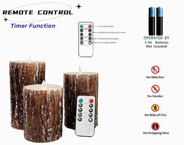 LED Flameless Candles Pine Bark Effect, Battery Operated Candles with Remote Control, LED Fake Candles, 4" 5" 6" Pack of 3, for Wedding Decor, Table Decor, Home Decoration Gifts