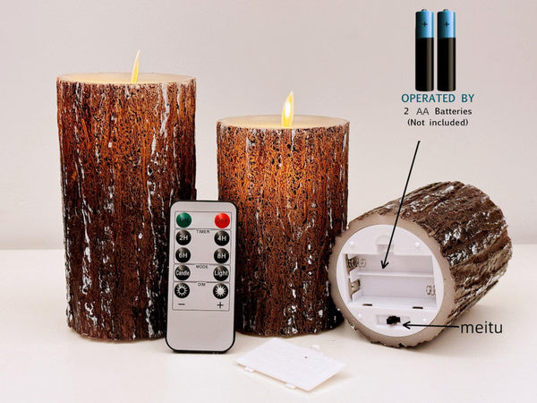 LED Flameless Candles Pine Bark Effect, Battery Operated Candles with Remote Control, LED Fake Candles, 4" 5" 6" Pack of 3, for Wedding Decor, Table Decor, Home Decoration Gifts