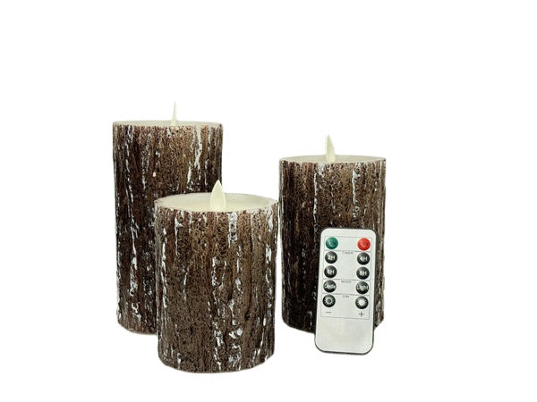 LED Flameless Candles Pine Bark Effect, Battery Operated Candles with Remote Control, LED Fake Candles, 4" 5" 6" Pack of 3, for Wedding Decor, Table Decor, Home Decoration Gifts