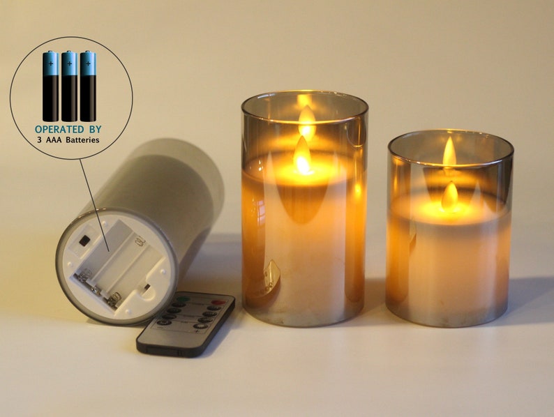 Grey Color Set of 3 Glass Flickering Flameless Candles, Moving Flame Wax, 4" 5" 6" Battery Operated LED Pillar Candles with Remote Control and Timer