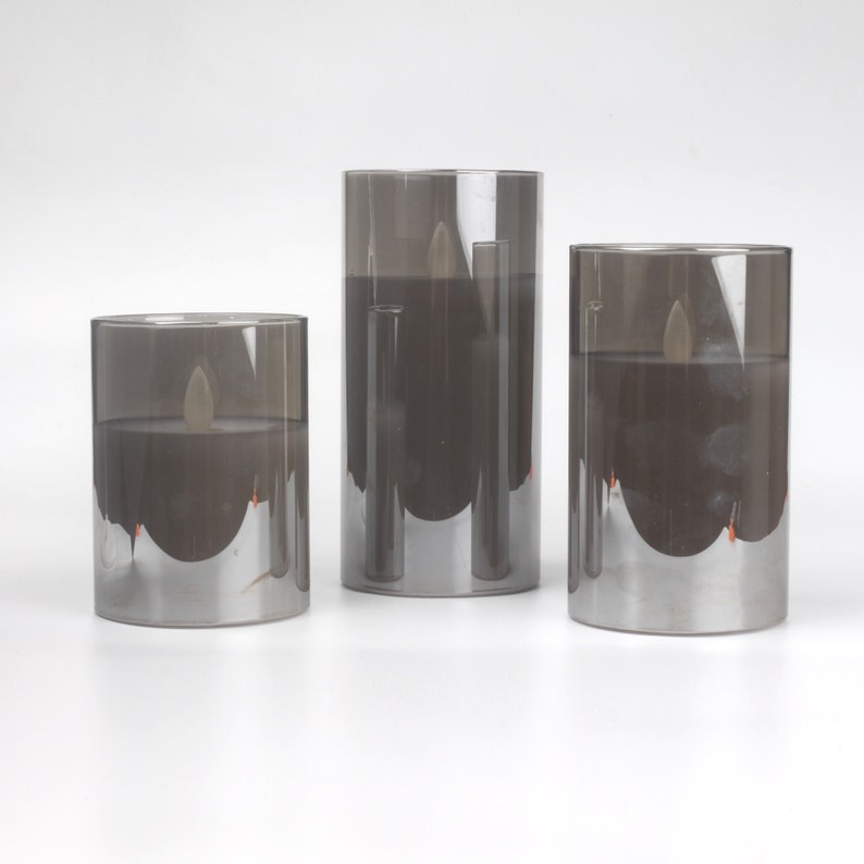 Grey Color Set of 3 Glass Flickering Flameless Candles, Moving Flame Wax, 4" 5" 6" Battery Operated LED Pillar Candles with Remote Control and Timer