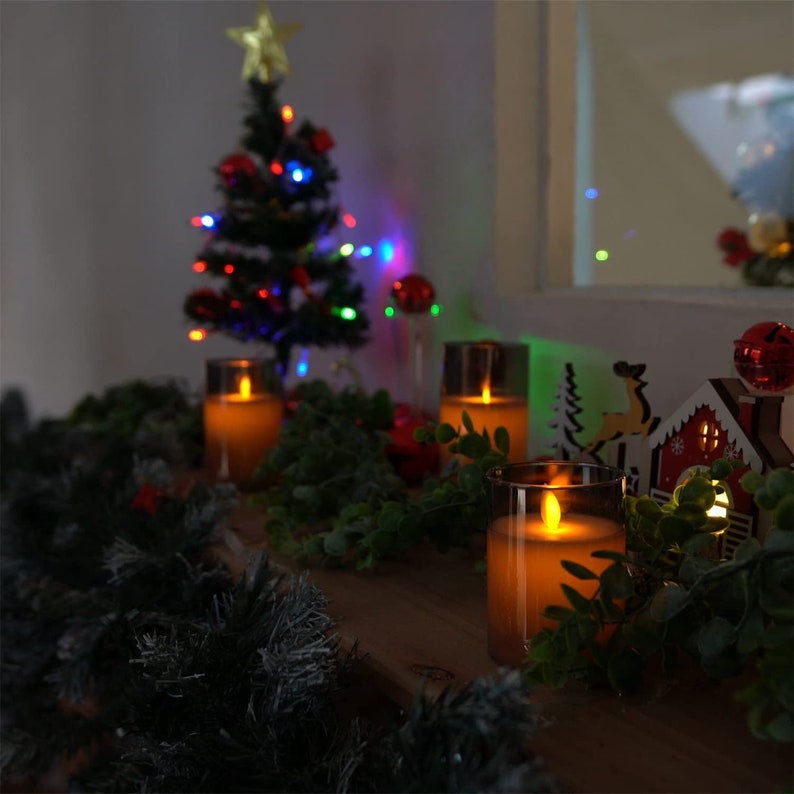 Grey Color Set of 3 Glass Flickering Flameless Candles, Moving Flame Wax, 4" 5" 6" Battery Operated LED Pillar Candles with Remote Control and Timer