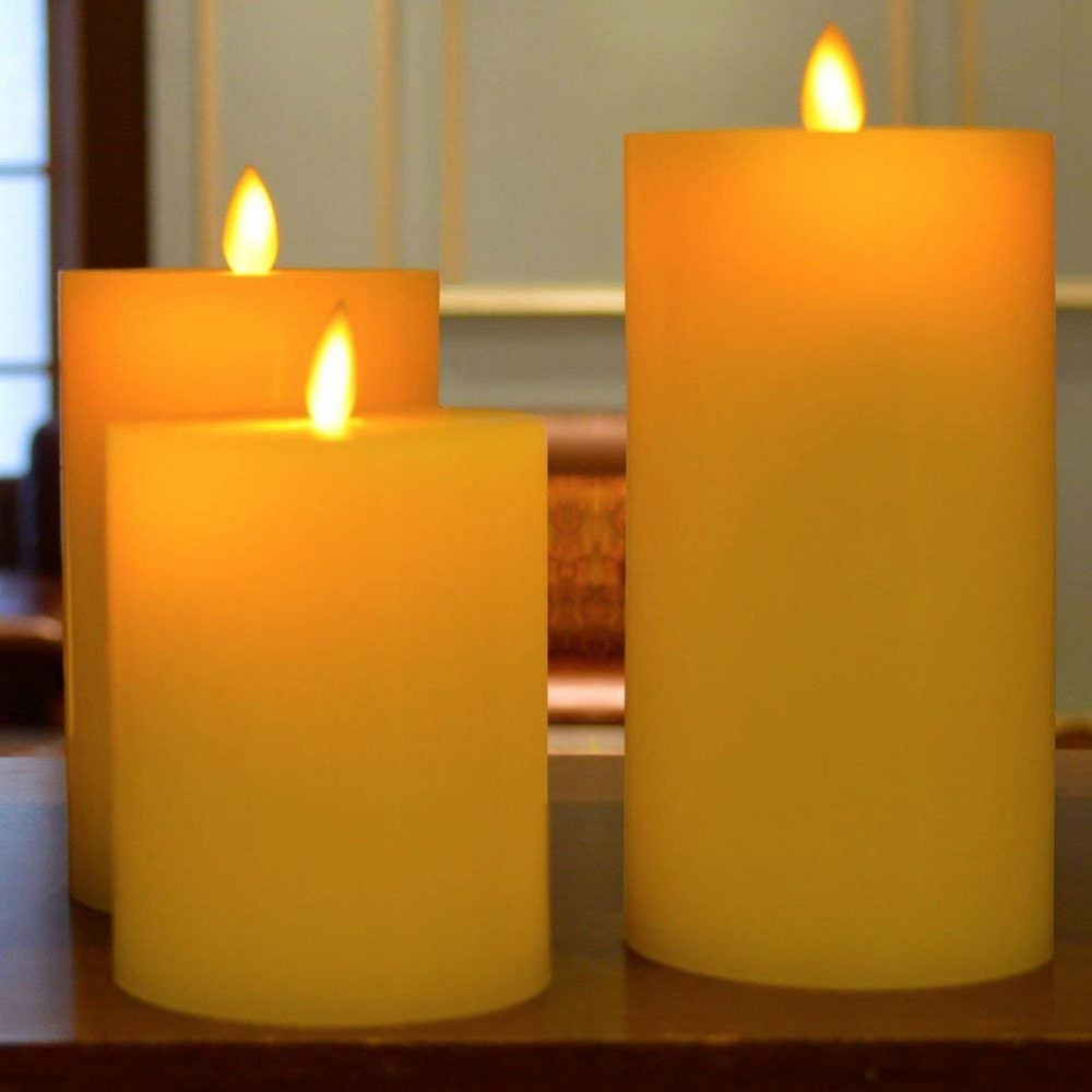 Flameless LED Candles with Flat Top, Real Wax Pillar Candle & Moving Flame Wick, Remote Control Timer, Champagne, Φ3"