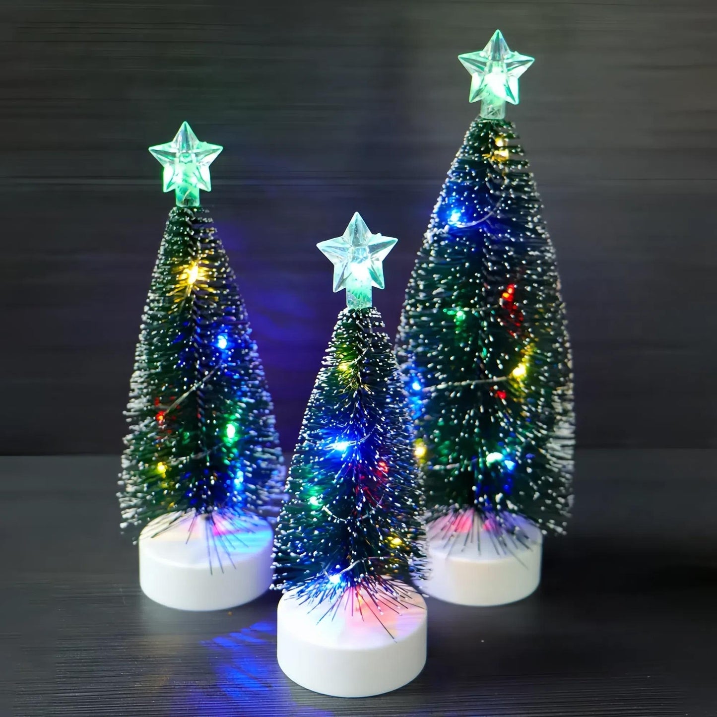 3pcs Mini Christmas Trees, Lighted Green Xmas Pine Trees with 10 LEDs Lights Battery Powered Waterproof for Home Office Party Decorations, 2.2inx6.37in/7.67in/8.34in