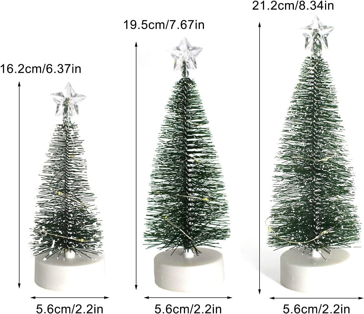 3pcs Mini Christmas Trees, Lighted Green Xmas Pine Trees with 10 LEDs Lights Battery Powered Waterproof for Home Office Party Decorations, 2.2inx6.37in/7.67in/8.34in