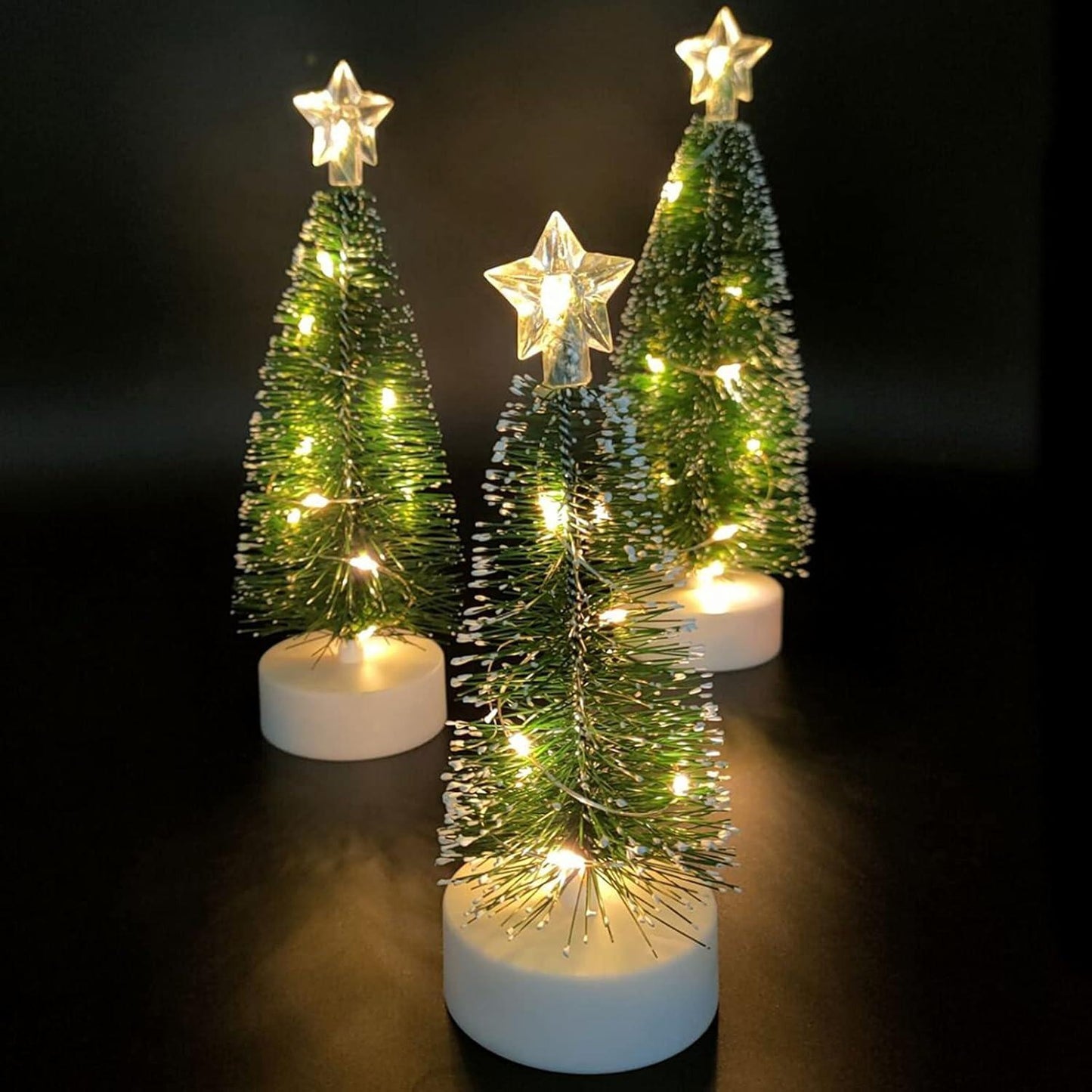 3pcs Mini Christmas Trees, Lighted Green Xmas Pine Trees with 10 LEDs Lights Battery Powered Waterproof for Home Office Party Decorations, 2.2inx6.37in/7.67in/8.34in