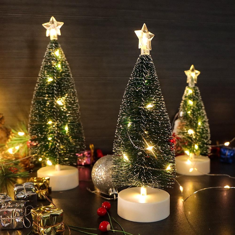 3pcs Mini Christmas Trees, Lighted Green Xmas Pine Trees with 10 LEDs Lights Battery Powered Waterproof for Home Office Party Decorations, 2.2inx6.37in/7.67in/8.34in