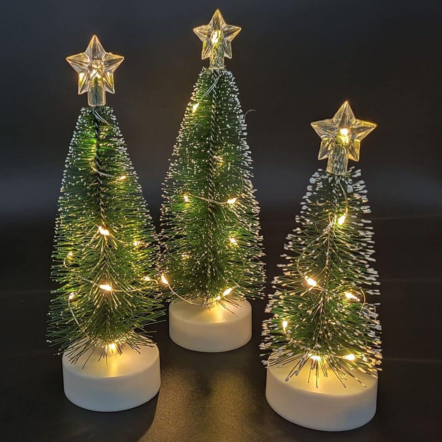 3pcs Mini Christmas Trees, Lighted Green Xmas Pine Trees with 10 LEDs Lights Battery Powered Waterproof for Home Office Party Decorations, 2.2inx6.37in/7.67in/8.34in