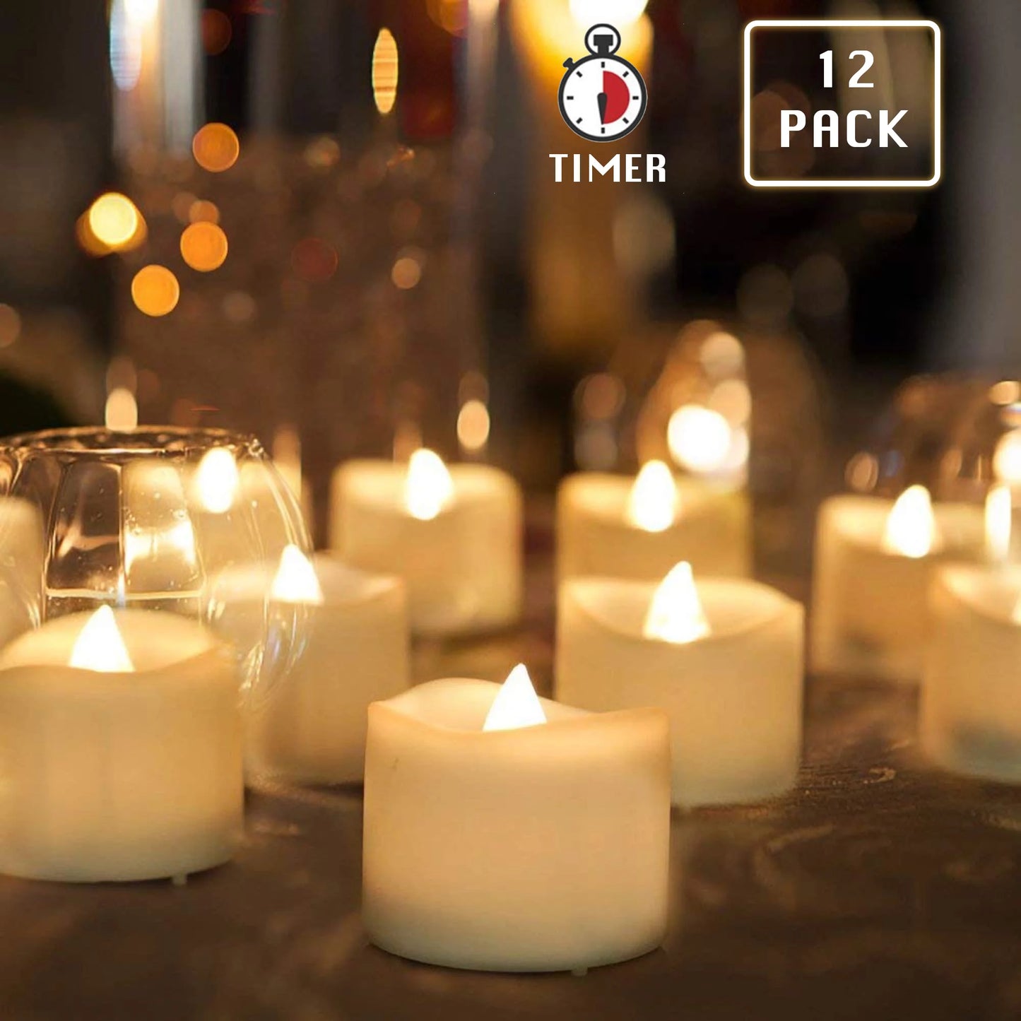 LED Tea Lights Flameless Candle With Timer, Pack of 12, 6 Hours On and 18 Hours Off ,For Wedding, Table, Gift, Outdoor