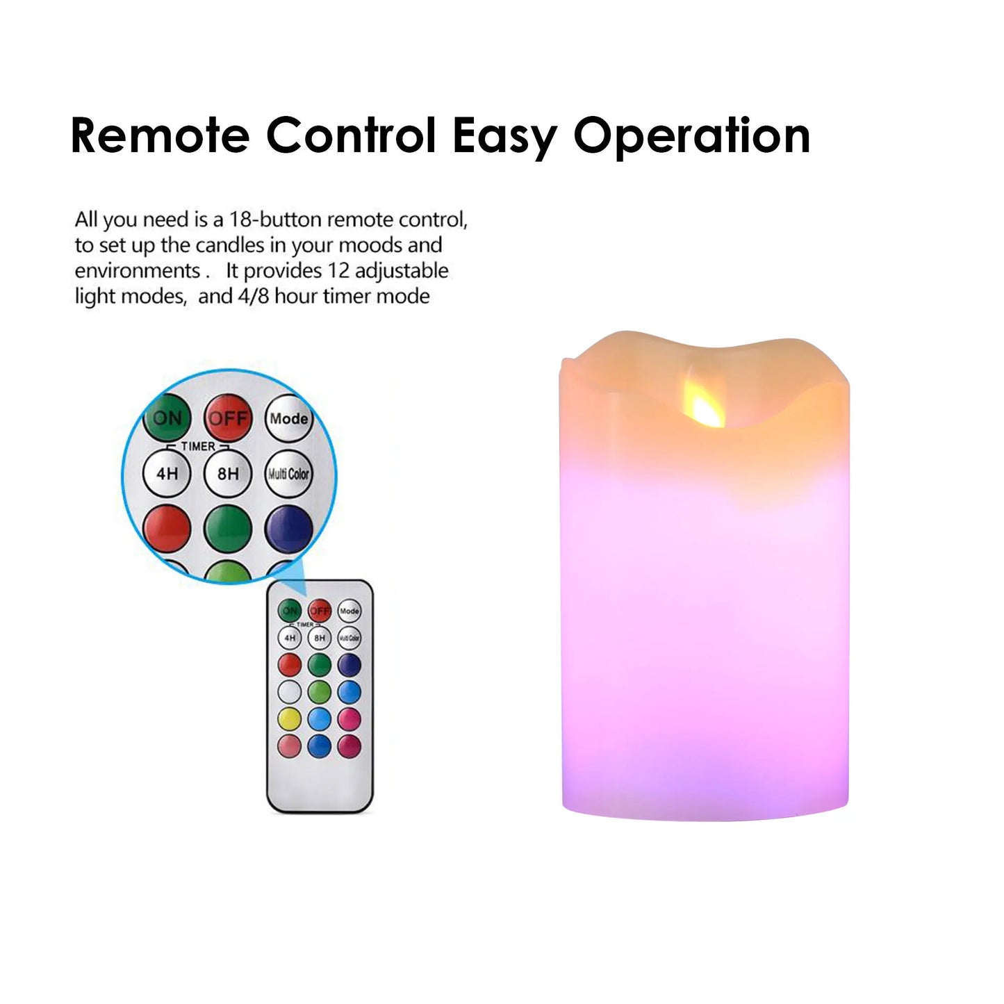 Pack of 3 Multicolor Flameless Candles, Battery Operated Candles, LED Candles with Remote Control & Timer of Wax Material Height 4''5''6''