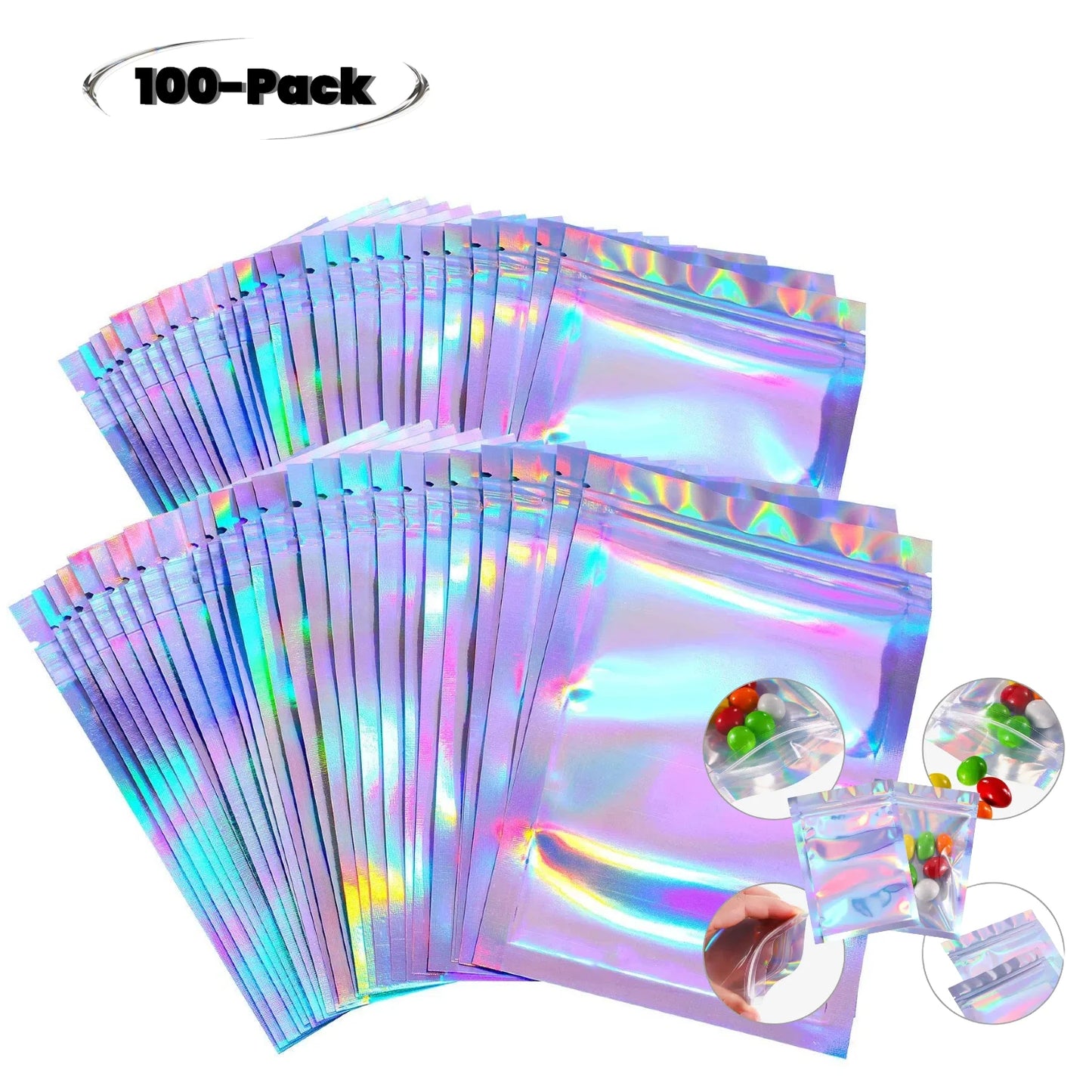 100 Pieces Resealable Smell Foil Proof Bag Foil Pouch Flat Bag for Party Favor Food Storage Holographic Color