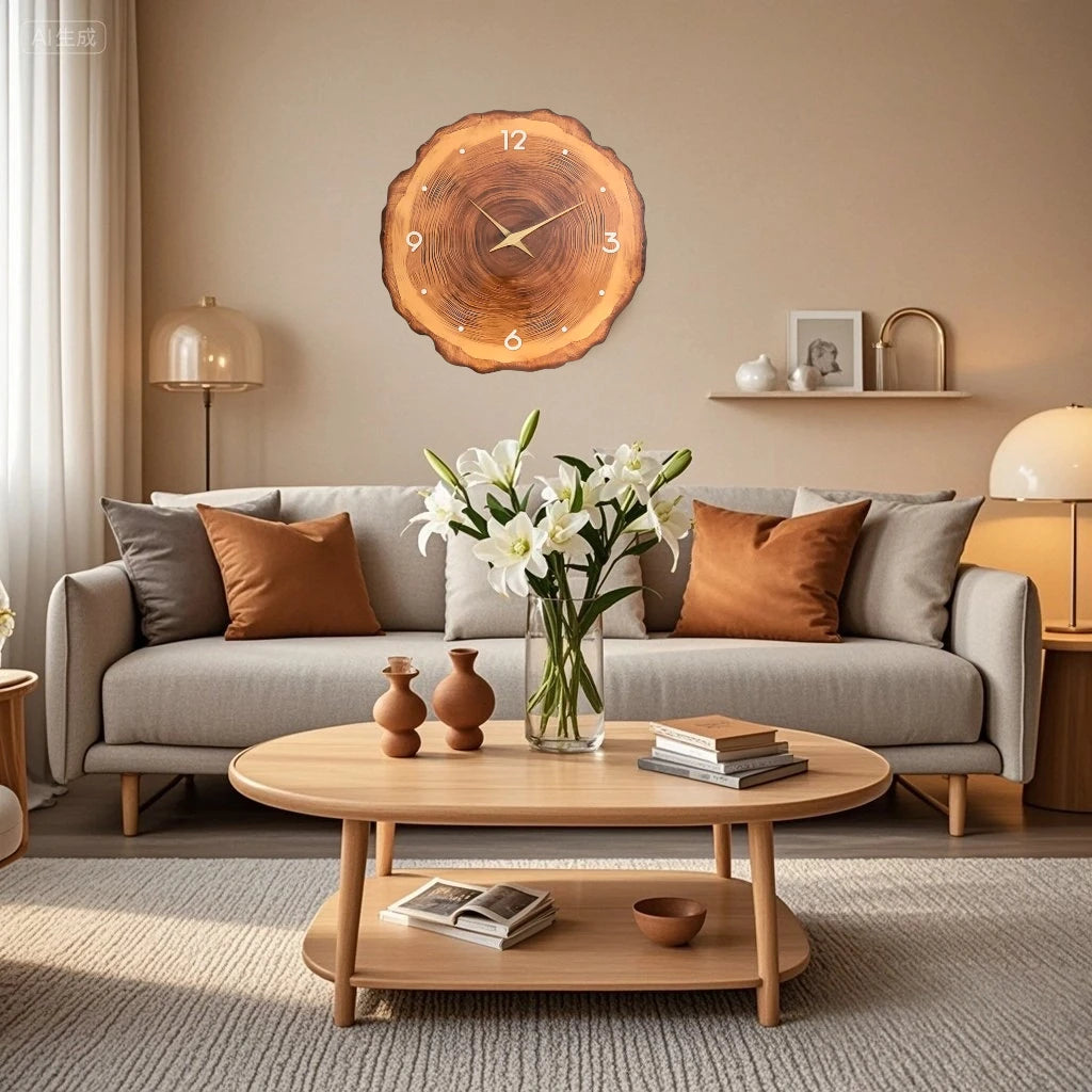 12 Inch Wall Clock for Living Room Decor Rustic Wall Clocks Battery Operated Brown Annual Ring Wall Clock Non Ticking